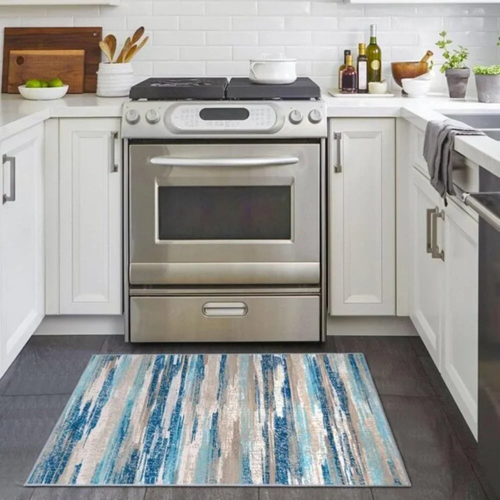 New Modern Abstract 2x3ft Entryway Rug, Washable Non-Slip Blue Faux Wool Carpet